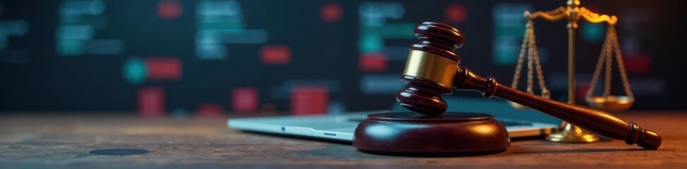 Gavel, laptop, scales of justice, network graphic, dispute, protection