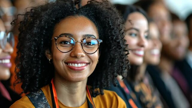 Smiling woman with curly hair in round spectacles attends event with other women with diverse ethnicities