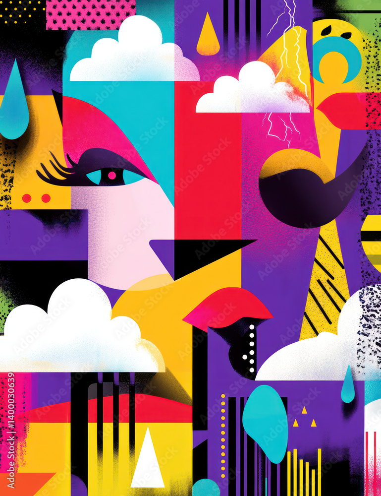 Poster colorful abstract vector graphic featuring geometric shapes, vibrant colors, and expressive elements