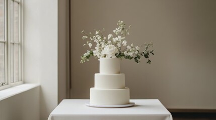 Two-tier minimalist wedding cake on clean white table, a modern loft wedding venue in background.