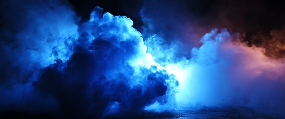 Ethereal scene of blue, white, and orange smoke billowing on a dark surface