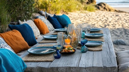 Vibrant beach picnic dinner with a low table, throw pillows, tapas dishes, and ocean breeze.