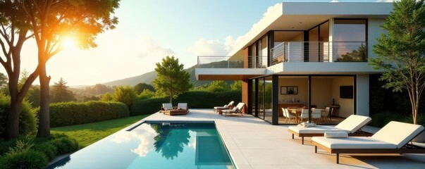 Fototapeta premium Sleek modern home, sun-drenched patio, solar panels, summer, sky