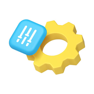 Settings panel option configuration productivity optimization 3d icon realistic vector illustration. Cogwheel equalizer parameter customization productivity modification setup adjustment service