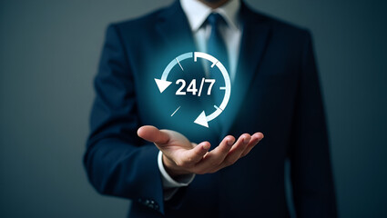 Businessman holding a sign saying that service is available 24 hours a day, 7 days a week