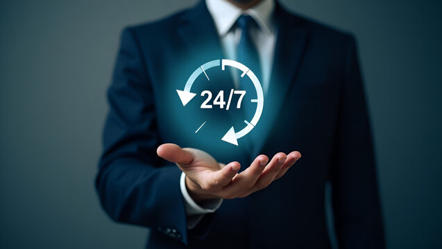 Businessman holding a sign saying that service is available 24 hours a day, 7 days a week