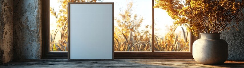 A blank vertical poster mockup stands on rustic wood near a window with autumnal flowers in a vase.