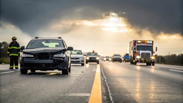 Damaged black car after traffic accident on wet highway with emergency response vehicles. Road safety and insurance concept.