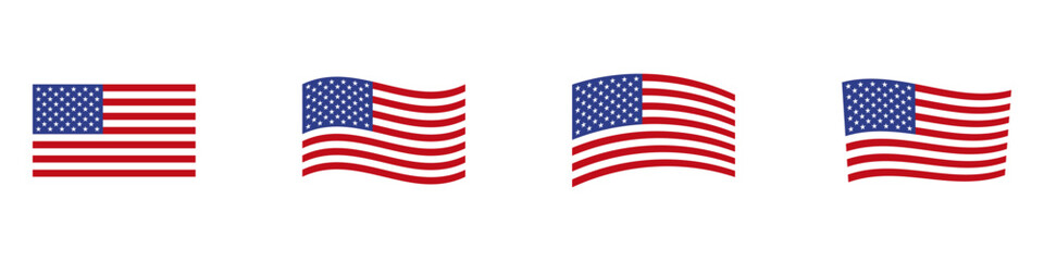 Fototapeta premium USA flag icon set. Stripes flags united states with stars. 4 July, Veteran and Memorial day vector banner. American national symbol isolated on transparent background. Vector illustration.