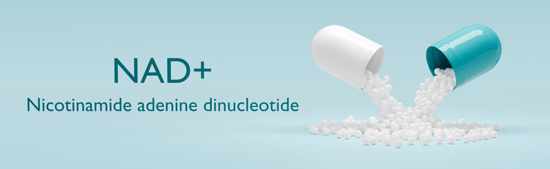 NAD lettering and open capsule on blue background. Blue and white capsule is open and contents scattered on surface. Concept of NAD anti-aging therapy and self care. 3d illustration, rendered.