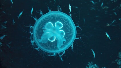 Close up of glowing jellyfish swimming in deep ocean sea waters, vibrant aquatic life, underwater wildlife, marine biology, nature animal, oceanic creatures captured in a tranquil setting, aquarium.