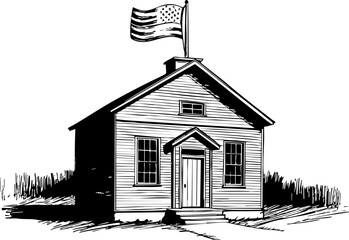 Historic schoolhouse with american flag rural setting black and white illustration traditional architecture heritage concept
