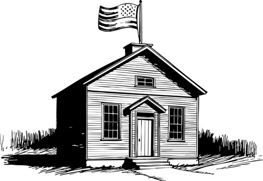 Historic schoolhouse with american flag rural setting black and white illustration traditional architecture heritage concept
