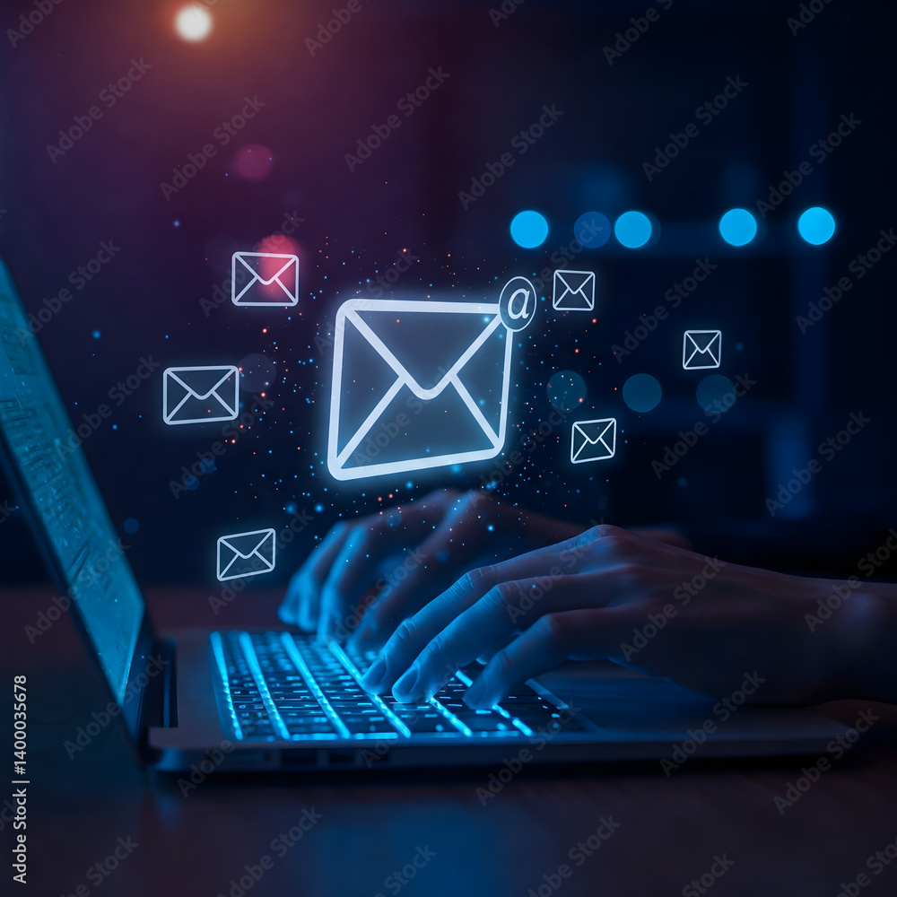 Poster digital communication: a pair of hands is seen actively typing on a laptop keyboard amidst a dynamic