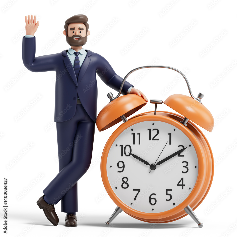 Poster a man holds an alarm clock, symbolizing time management or waking up. 3d rendering, conceptual image