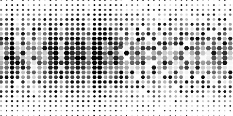 Hexagon halftone gradient texture. Abstract black grunge background. Geometric retro halftone tech overlay. Fading wavy hexagonal pattern backdrop. Vector vanishing honeycomb grunge bitmap wallpaper