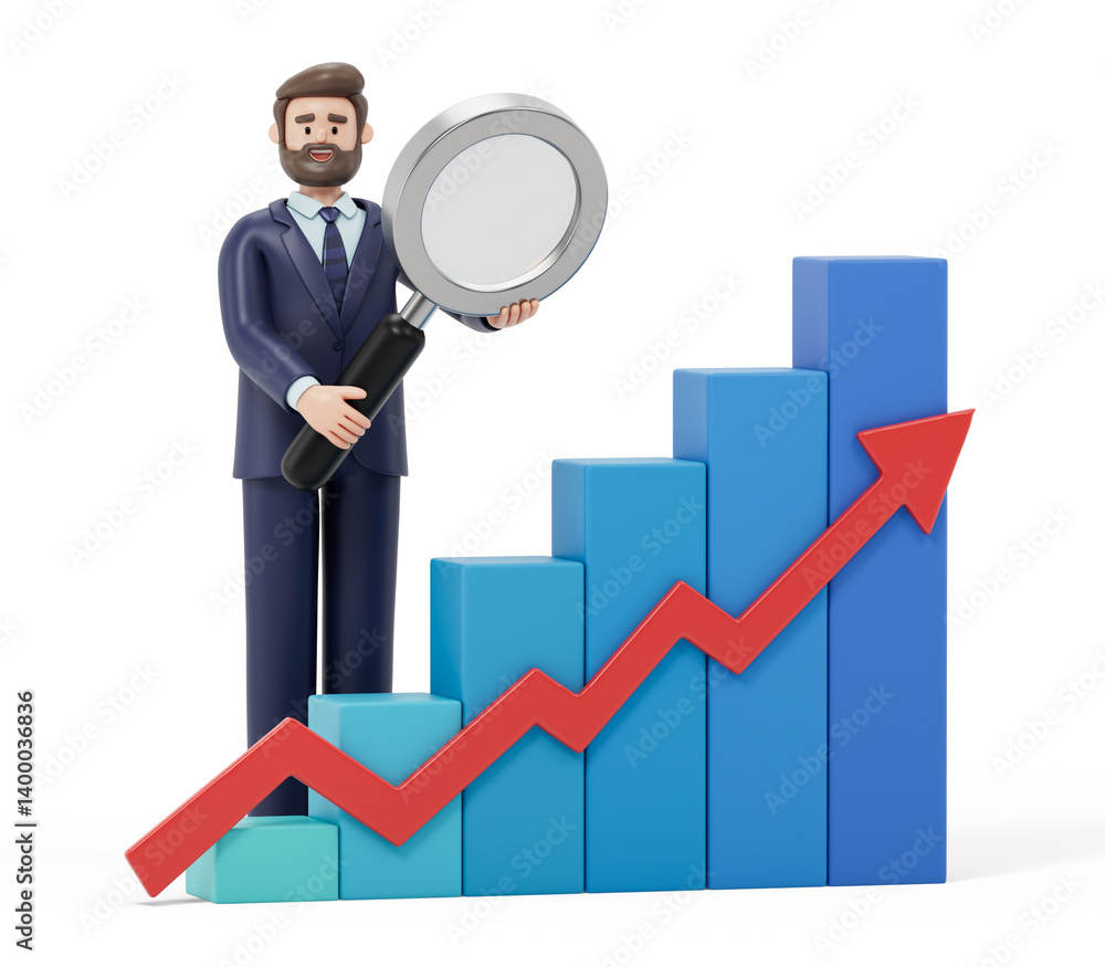 Poster a man holds a magnifying glass over a graph, symbolizing analysis or scrutiny of growth. 3d renderin