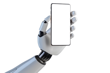 Robotic arm or robot hand holding a phone mockup,  clear screen on transparent background.