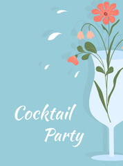 Abstract spring flowers in wine drinking glass. Cocktail Party Invitation. Element for design of poster, social media, banners, invitation. Trendy card template.