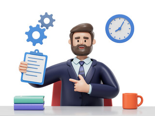 A man reviews a document at a desk, symbolizing work, planning, or organization. 3D rendering, conceptual image. Isolated on white background.