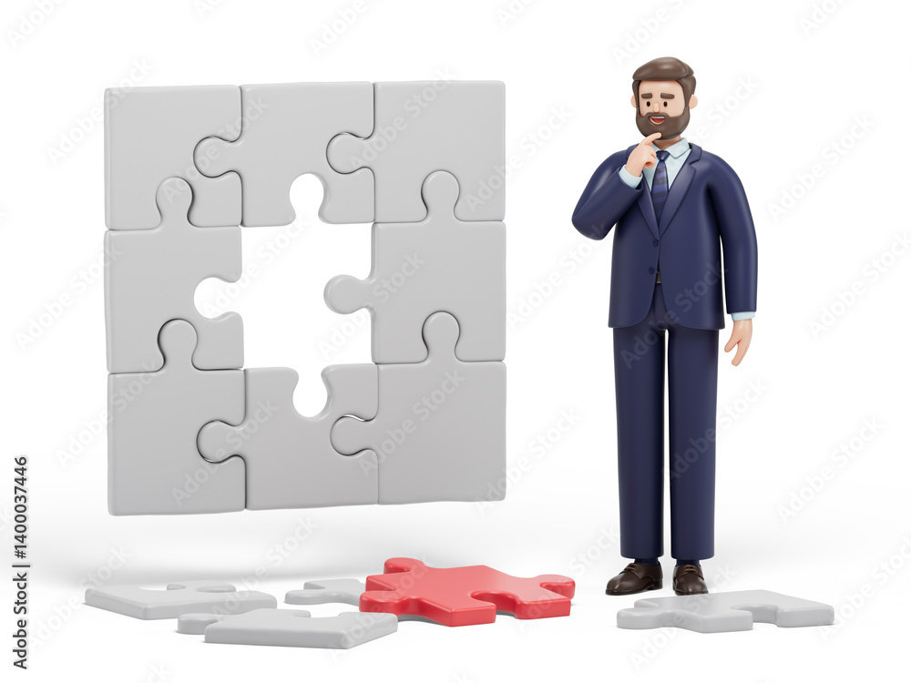 Poster a man contemplates a partially completed puzzle, symbolizing problem-solving or strategy. 3d renderi