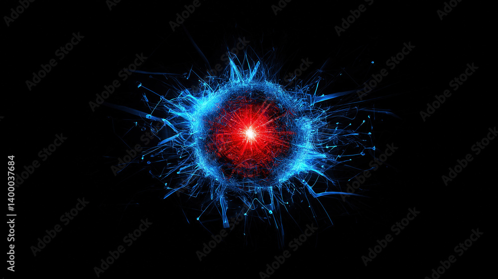 Poster luminous blue neural cell structure with radiant red core on black digital landscape. ai cybernetic 