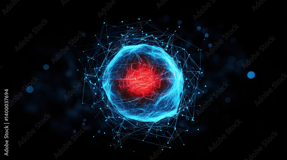 Poster dynamic abstract blue neural network with glowing red crystal core on black digital background. cybe