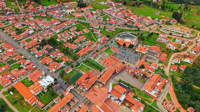 Aerial tops down Guatavita Village, Pre Columbian historic travel destination in Colombia at daylight