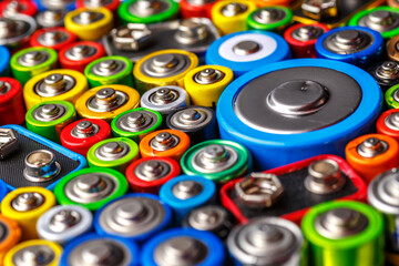 Energy abstract background of colorful batteries.Old used batteries ready for recycling.Used...