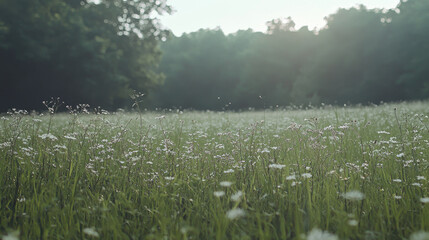 Serene sunrise illuminates a vast field of wildflowers gently swaying in the morning breeze creating a peaceful landscape perfect for nature lovers and tranquil backgrounds.