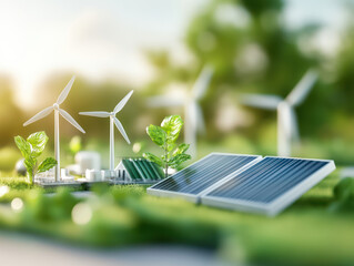 vibrant green economy with wind turbines and solar panels surrounded by lush plants symbolizes sustainable energy solutions. This captures essence of eco friendly innovation