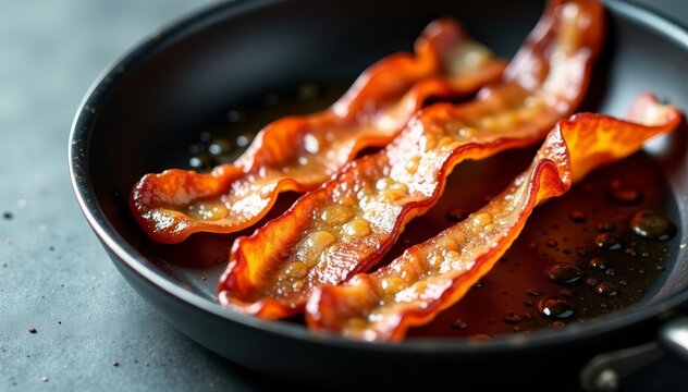 Close up of sizzling bacon in frying pan on grey background, food, bacon, kitchen