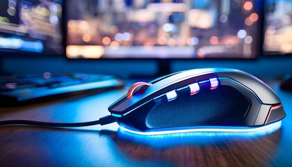 A high-quality close-up of a sleek gaming mouse with an ergonomic design, featuring glowing blue LED accents. The mouse is placed on a wooden desk with a smooth surface, connected via a cable.