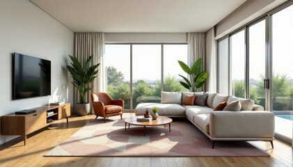 Fototapeta premium Bright open-plan living area, geometric rug, stylish seating, room, sofa