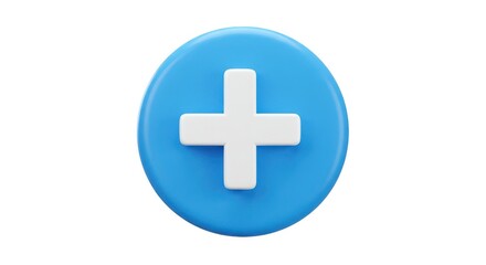 A blue circle with a white plus sign in the center on a white background in a rendered image style