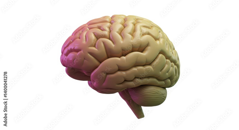 Poster anatomical brain model displayed on a white background with pink and green gradient lighting effect