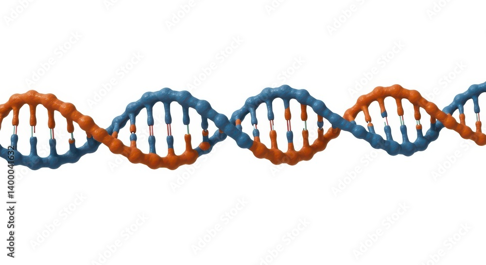 Poster a double helix structure with orange and blue strands against a plain white background in a close up