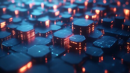Illuminated Hexagonal Blocks Forming a Digital Network