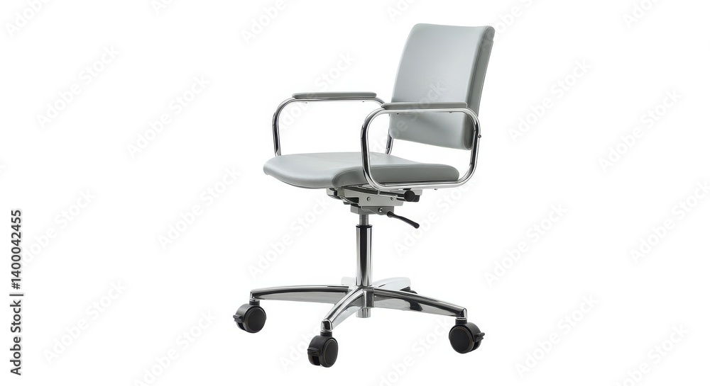 Poster isolated gray office chair with chrome frame and wheels on a white background in a studio setting