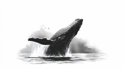 Humpback whale breaches from the ocean in a grayscale monochrome art piece