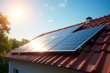 Shiny solar panels on a house roof reflecting sunlight, energie, sustainable