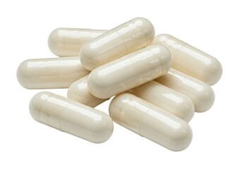 A pile of white capsules scattered on a white surface, showing pharmaceutical supplements close up view