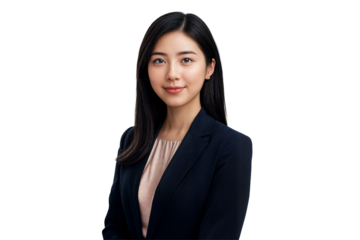 Confident Asian businesswoman in navy blue suit looking at camera with serious expression isolated on transparent background