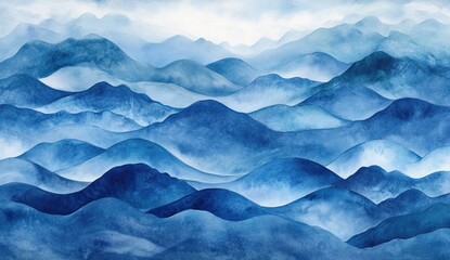 Obraz premium Misty mountain range. Watercolor painting of layered blue mountains