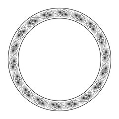 Beautiful monochrome round frame arabesque. Plate with lace design. Vintage, European frame with arabesques. Pattern frame for household utensil, textile, embroidery, porcelain, engraving. EPS