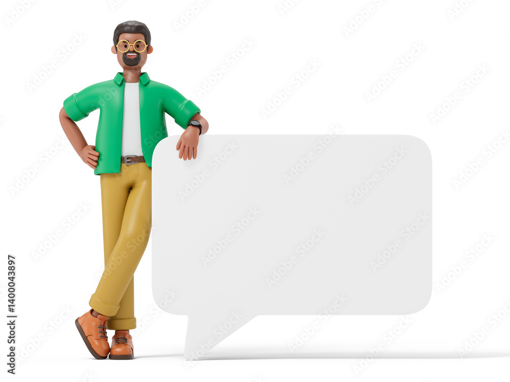 Poster man leans on a speech bubble, symbolizing communication or announcement readiness. 3d rendering, con