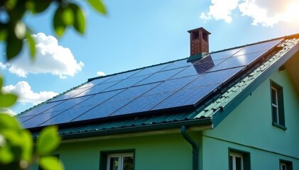 Close up of solar panels installed on rooftop of stylish green home, close up, design, eco-friendly