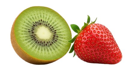 A halved kiwi fruit and a whole strawberry with green leaves isolated on a white background close up