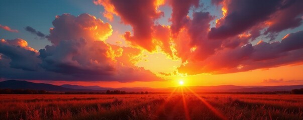 Fiery autumn sunset casts long shadows, majestic clouds fill the canvas of a magnificent sky , fall, november, orange