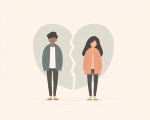 minimal couple breakup illustration with broken heart symbol in soft pastel colors, emotional distance concept with abstract flat design showing man and woman apart